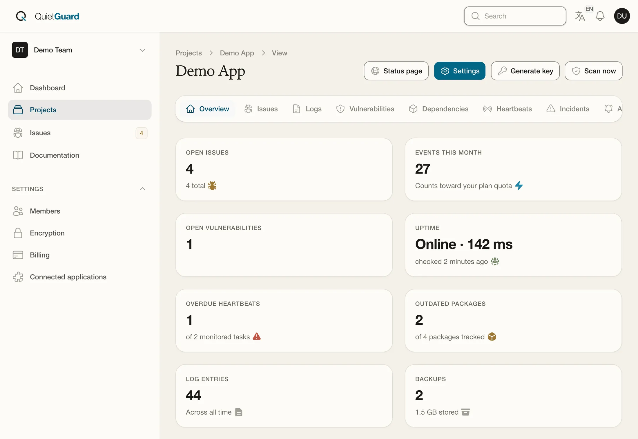 A project overview in Quiet Guard: open issues, vulnerabilities, uptime at 142 ms, overdue heartbeats, outdated packages, log entries and backups.