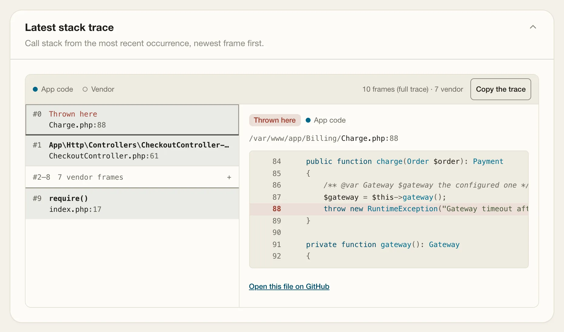 A stack trace in Quiet Guard: the frame that threw, at line 88 of Charge.php, with the seven vendor frames folded away.