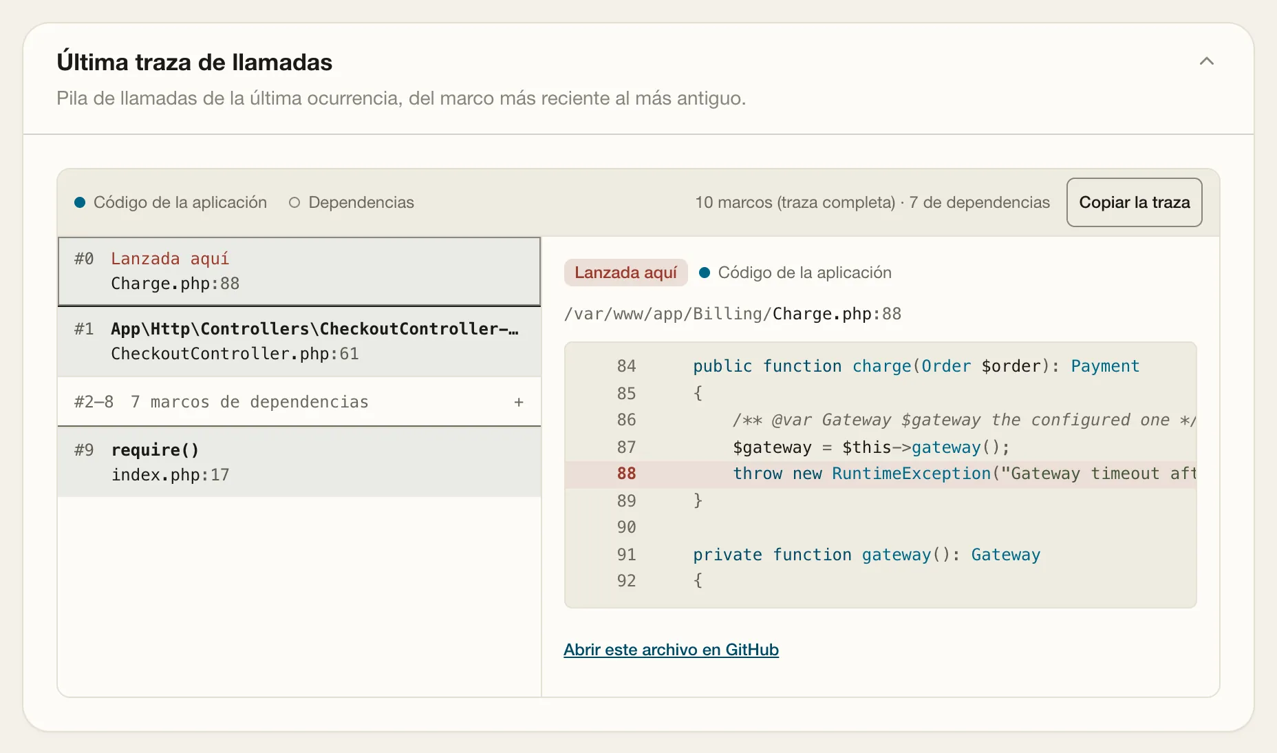 Una traza de llamadas en Quiet Guard: el marco que lanzó la excepción, en la línea 88 de Charge.php, con los siete marcos de dependencias plegados.
