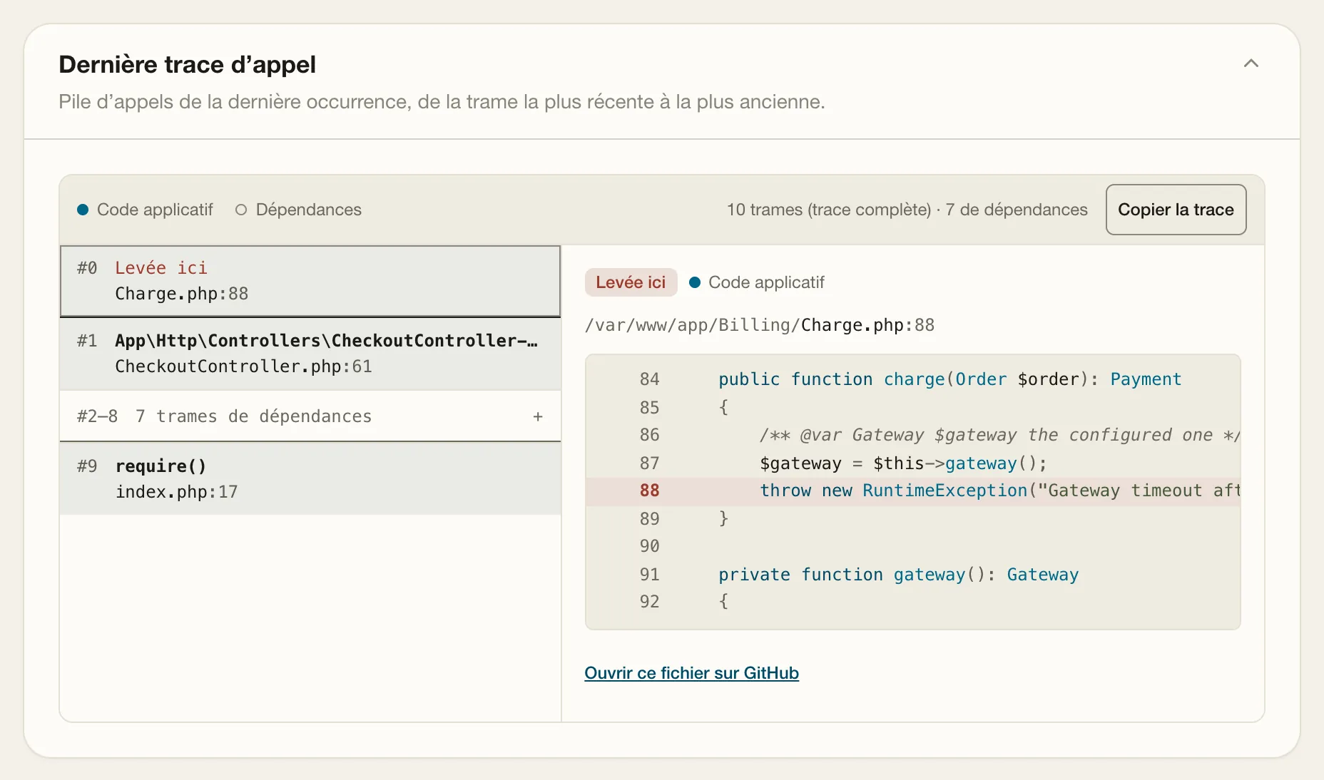 Une trace d'appel dans Quiet Guard : la trame qui a levé l'exception, ligne 88 de Charge.php, avec les sept trames des dépendances repliées.