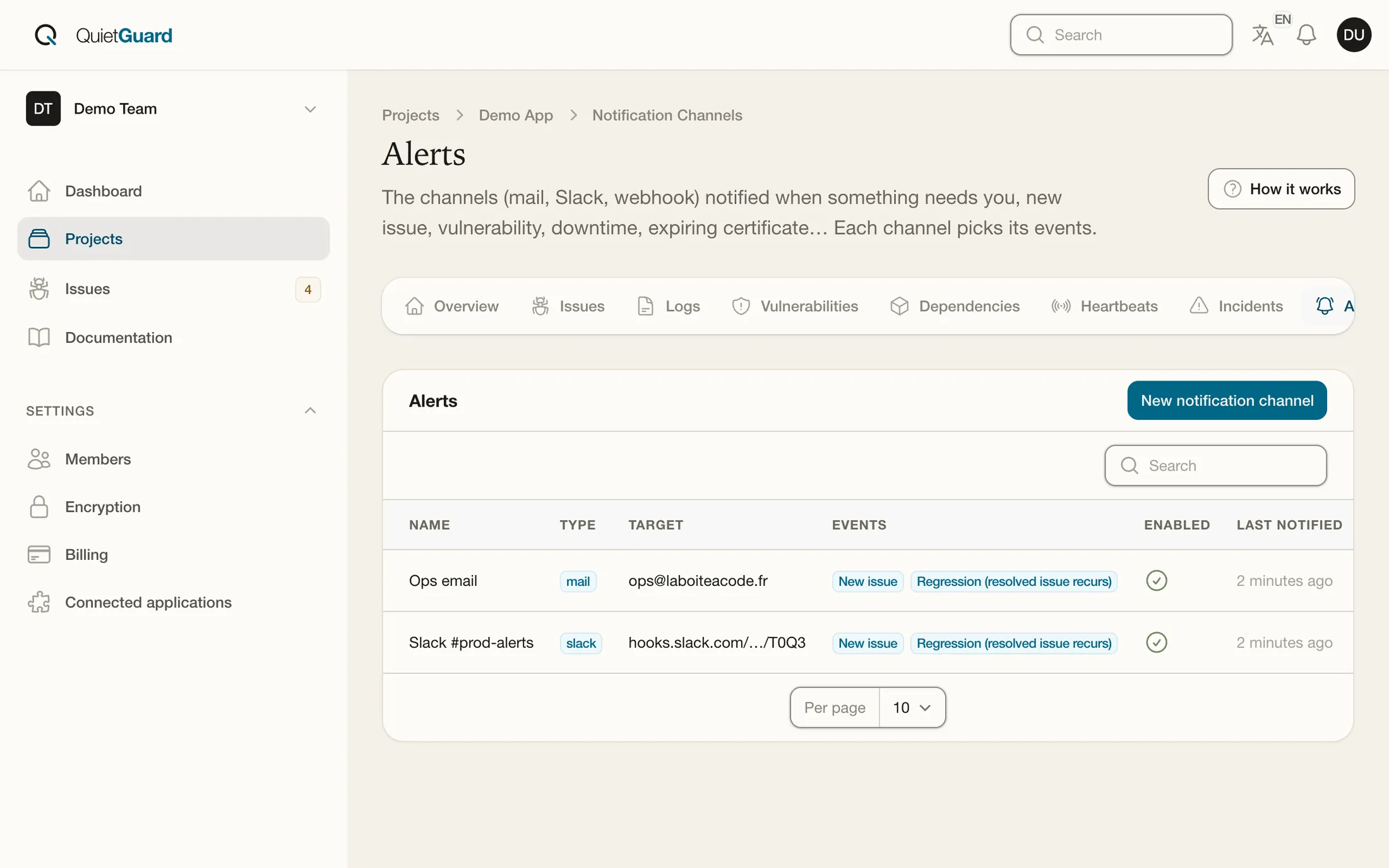 Alert channels in Quiet Guard: an email address and a Slack channel, each notified of new issues and regressions.