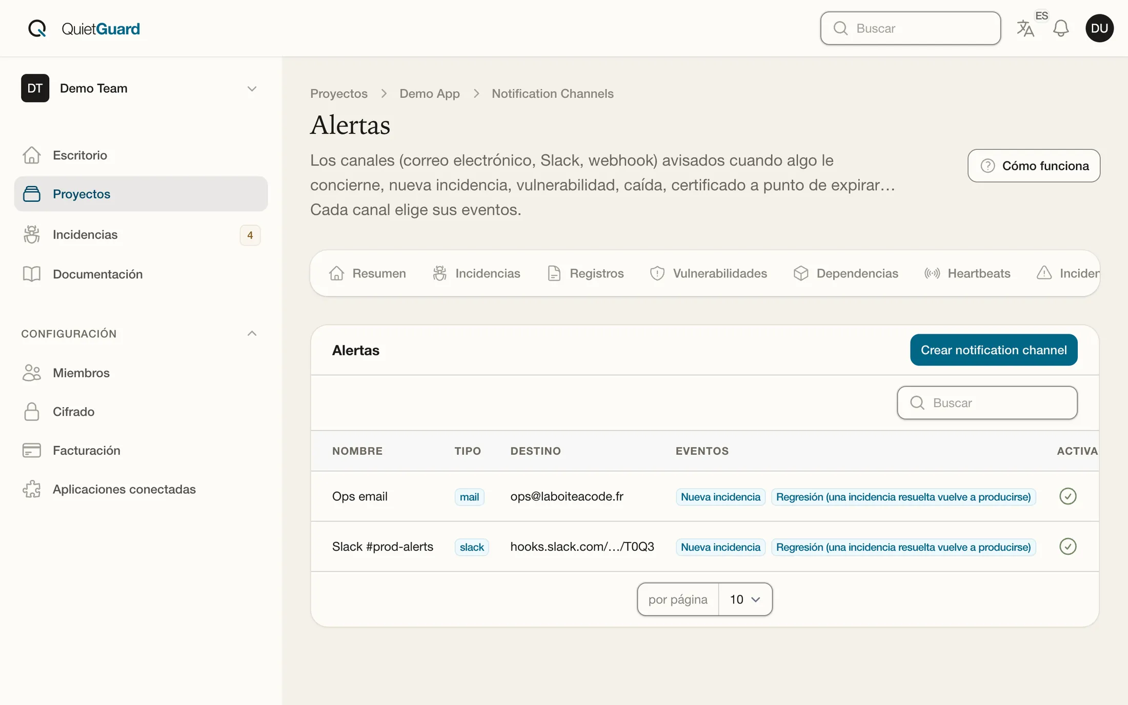 Los canales de alerta en Quiet Guard: una dirección de correo y un canal de Slack, avisados de las incidencias nuevas y las regresiones.