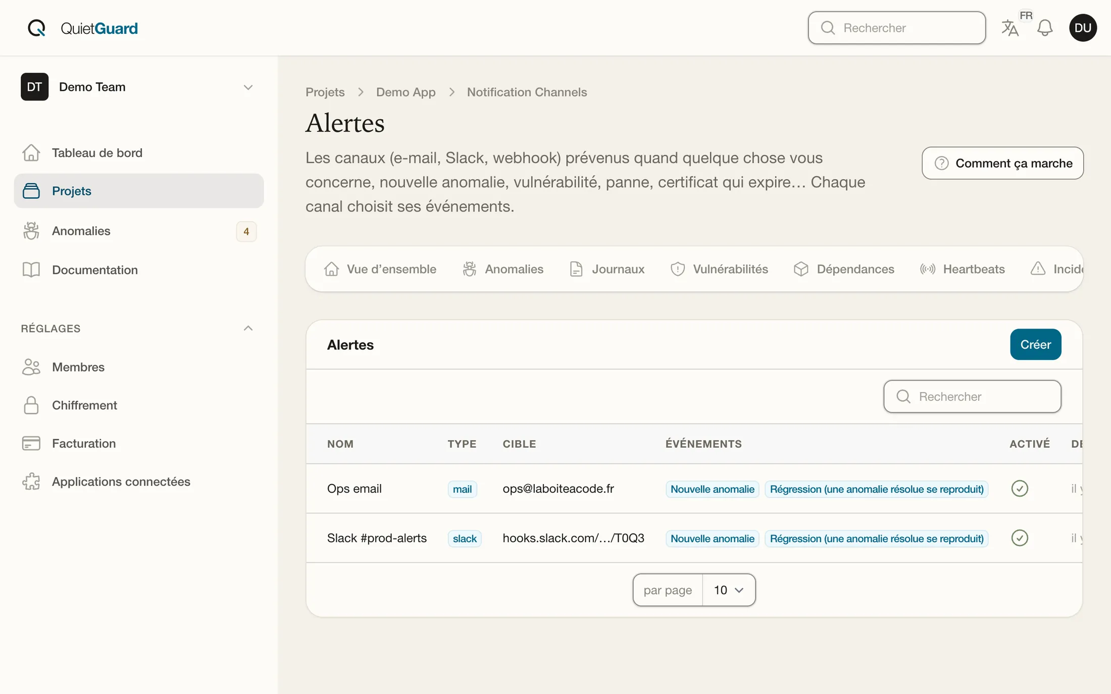 Les canaux d'alerte dans Quiet Guard : une adresse e-mail et un canal Slack, prévenus des nouvelles anomalies et des régressions.