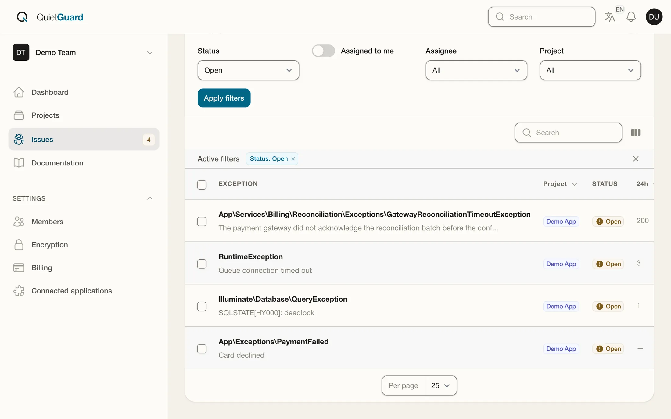 The issue triage in Quiet Guard: the gateway timeout at the top, with two hundred occurrences in the last 24 hours.