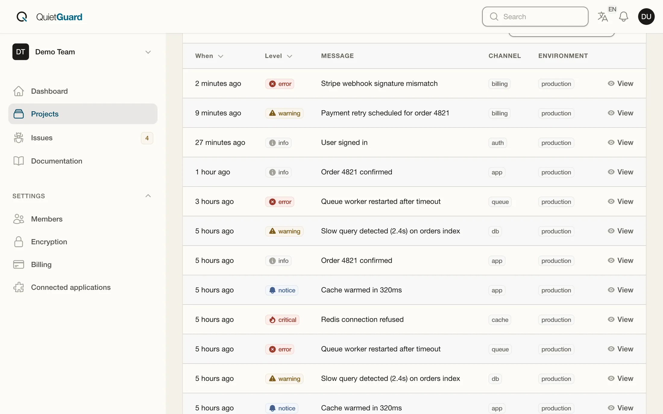 Application logs in Quiet Guard: errors, warnings and notices, with their channel and environment.