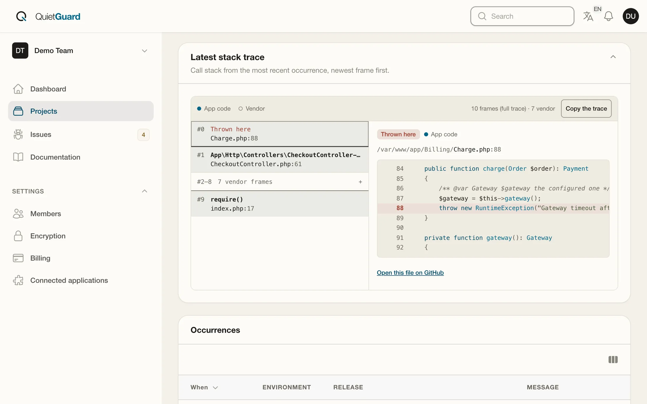 A stack trace in Quiet Guard: the frame that threw, at line 88 of Charge.php, with the vendor frames folded away.