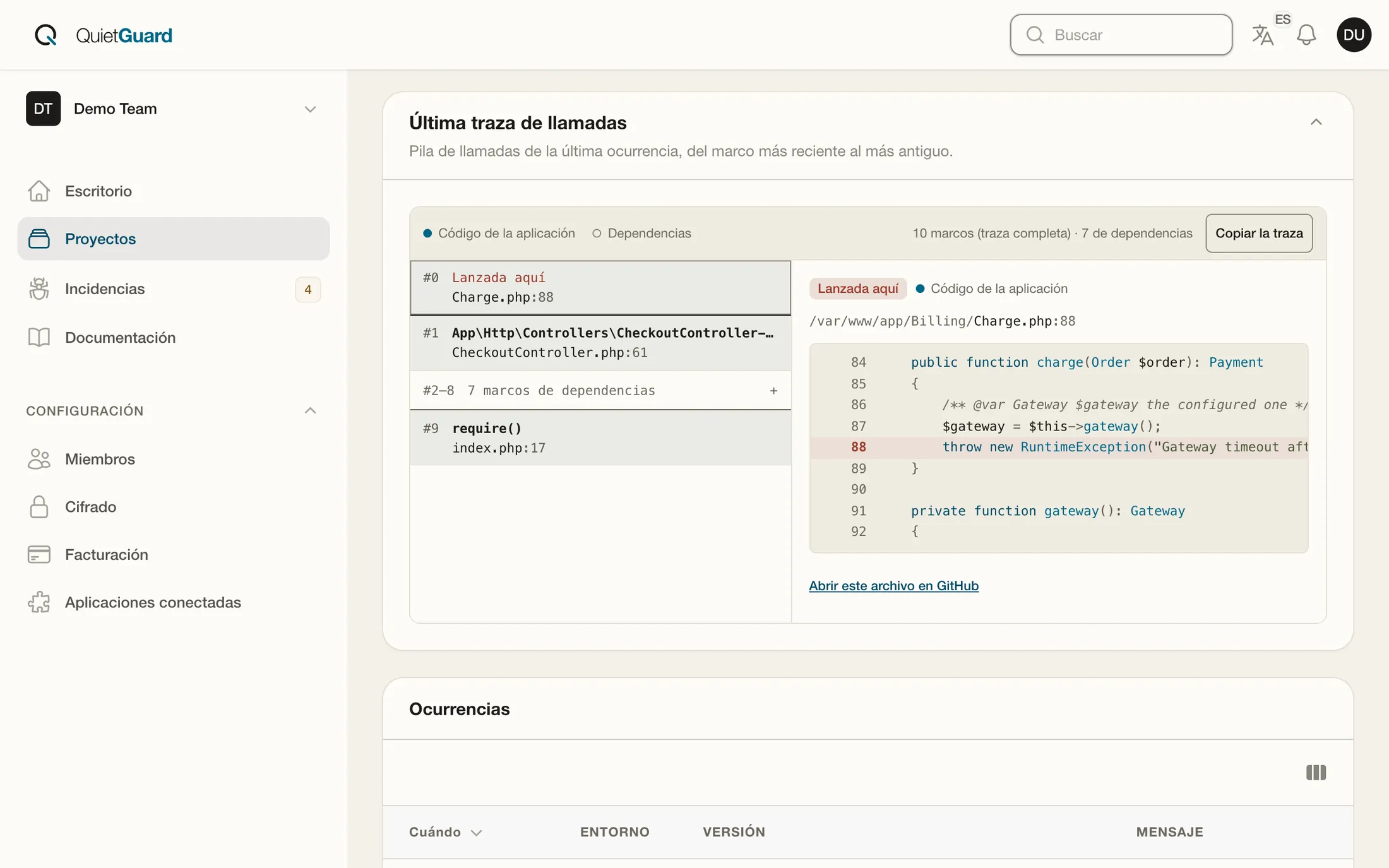 Una traza de llamadas en Quiet Guard: el marco que lanzó la excepción, en la línea 88 de Charge.php, con los marcos de dependencias plegados.
