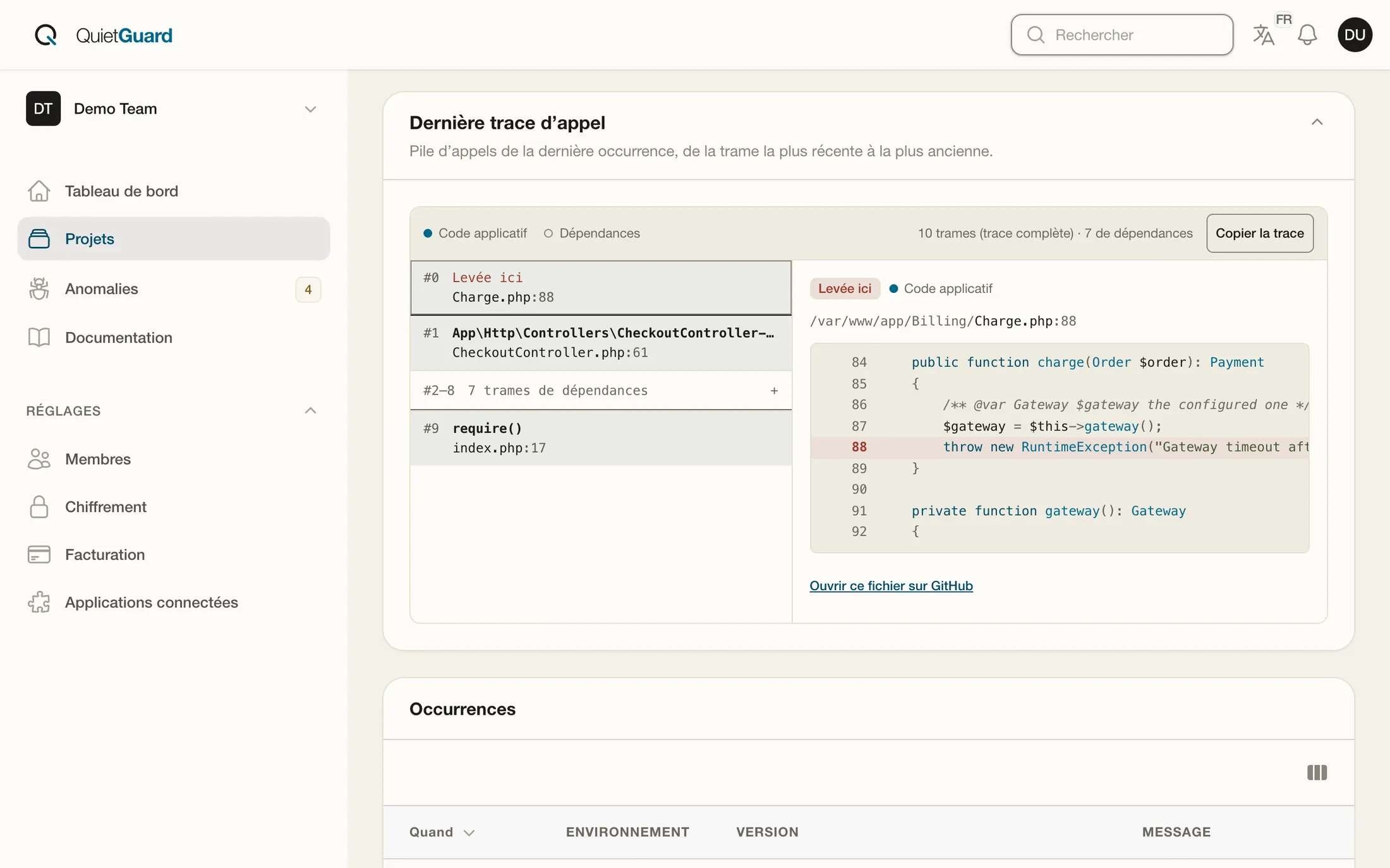 Une trace d'appel dans Quiet Guard : la trame qui a levé l'exception, ligne 88 de Charge.php, avec les trames des dépendances repliées.